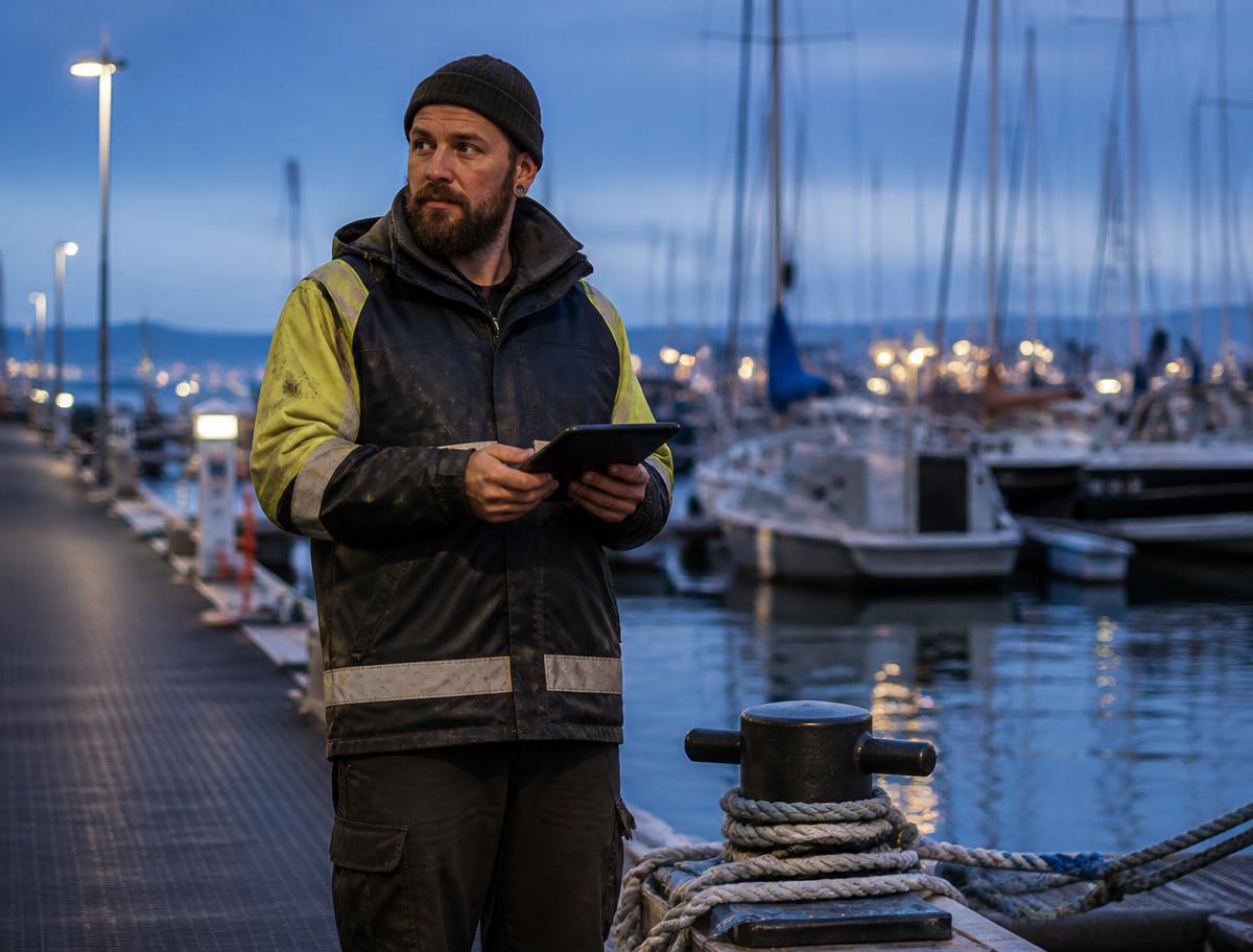 Dockhand on a marina pier at dusk checking work orders on a tablet