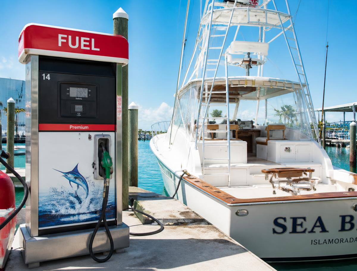 Marina pedestal and fuel dock hardware on a floating pier