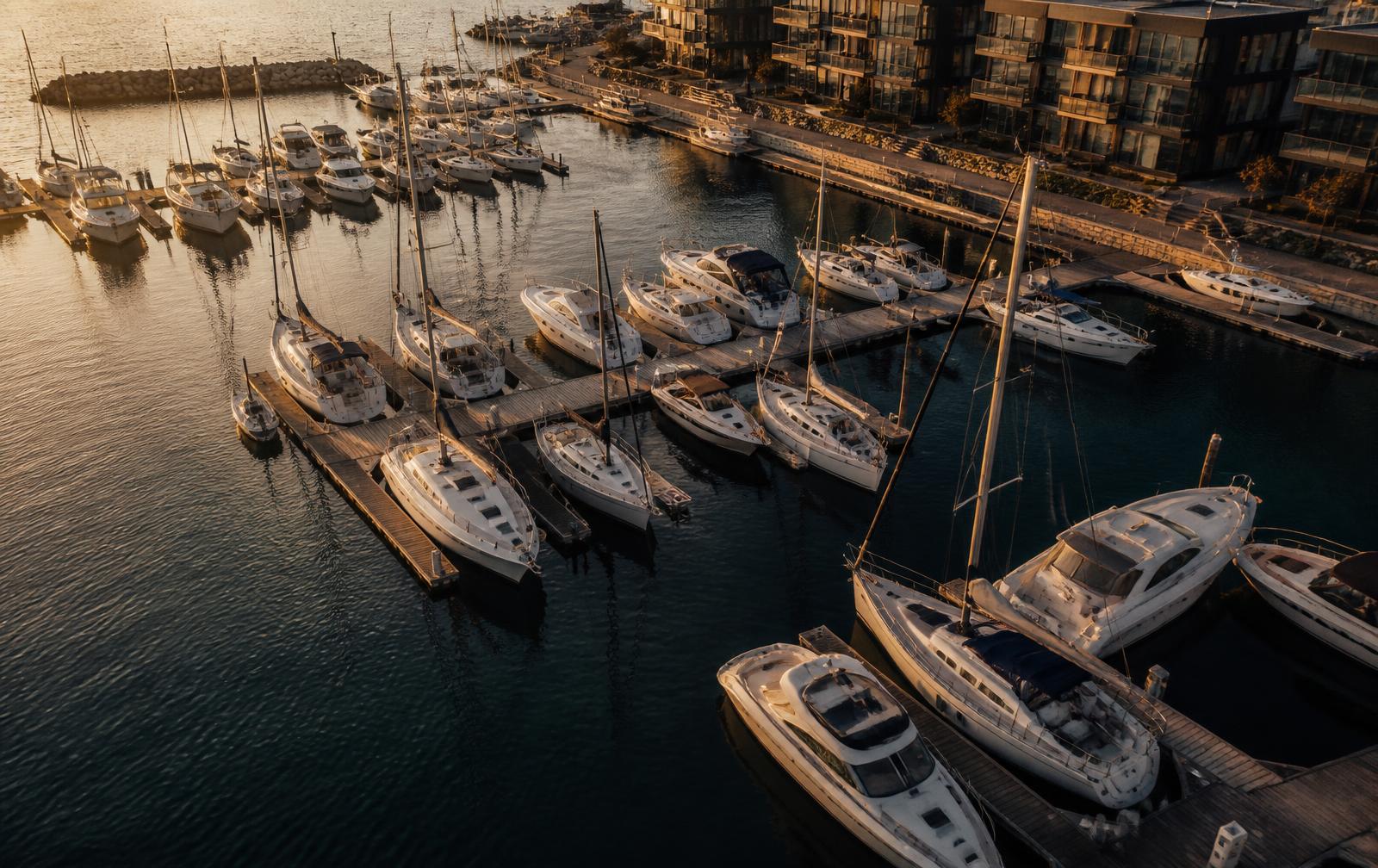 Aerial view of sailboats and motor yachts docked in a marina at golden hour